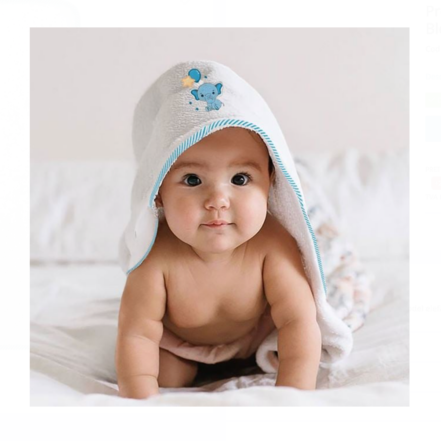 Prosop din Bumbac Alb cu Gluga cu Elefant Bleu 75x75cm