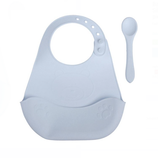 Baveta cu Colector de Alimente & Lingura din Silicon Bleu Labuta de Ursulet