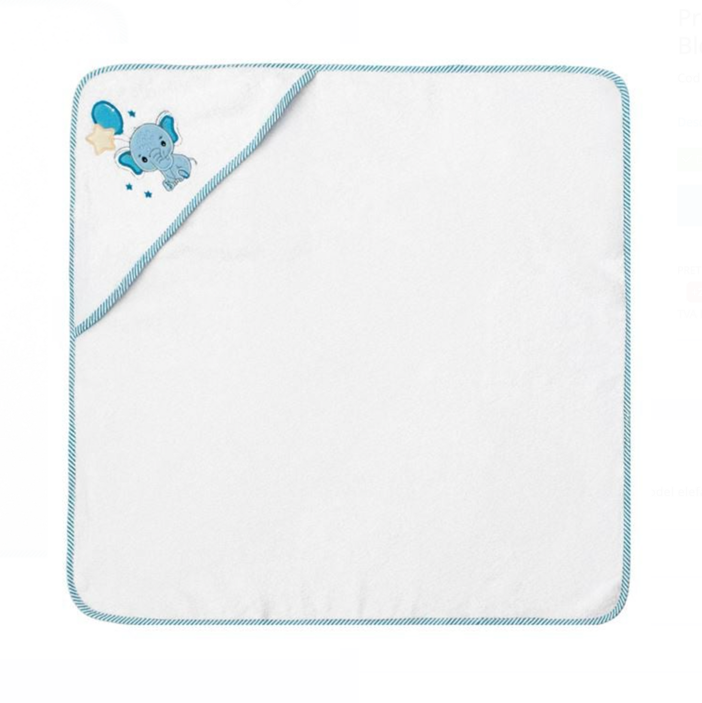 Prosop din Bumbac Alb cu Gluga cu Elefant Bleu 75x75cm