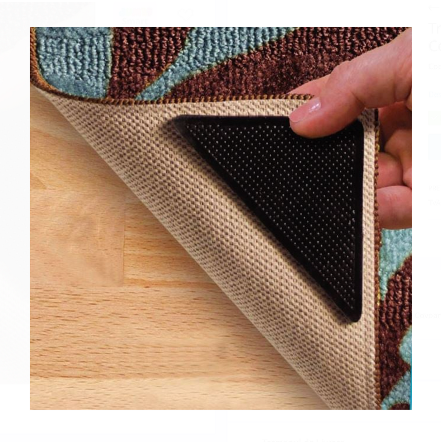 Set de 4 triunghiuri negre antiderapante pentru covoare.