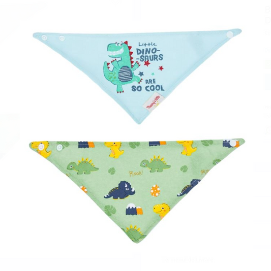Set 2 Bavetă-Șal din Bumbac Bleu-Verde cu Dinozauri 0+