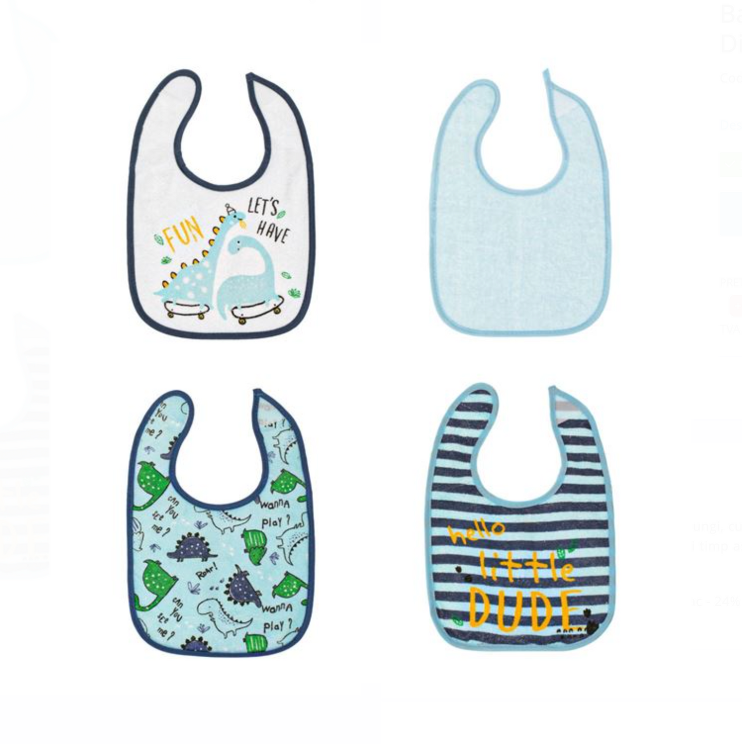 Bavete Textile Alb–Ciel–Bleu cu Dungi și Model Dinozauri – Set 4 bucăți